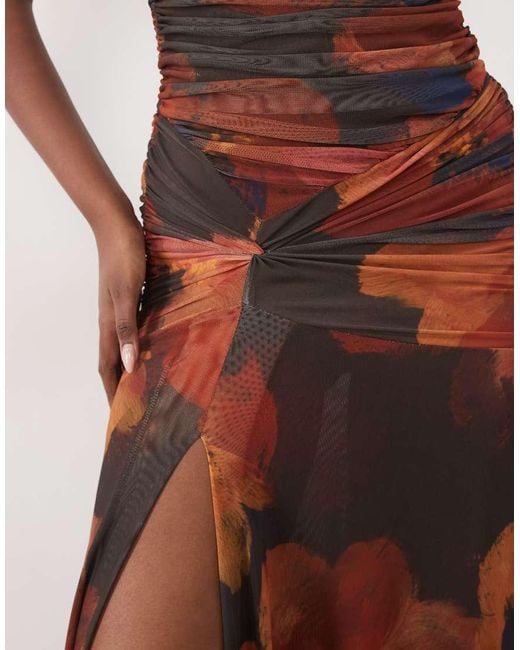 Bardot Brown Mesh High Neck Ruched Side Thigh Split Maxi Dress