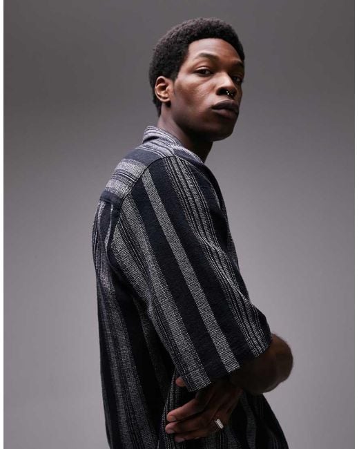 Topman Blue Short Sleeve Relaxed Revere Textured Striped Shirt for men