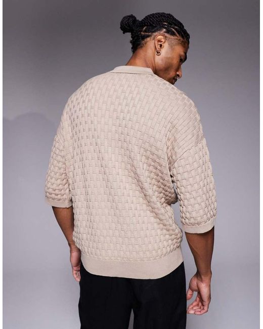 ASOS Natural Relaxed Knitted 3/4 Sleeve Textured Polo for men