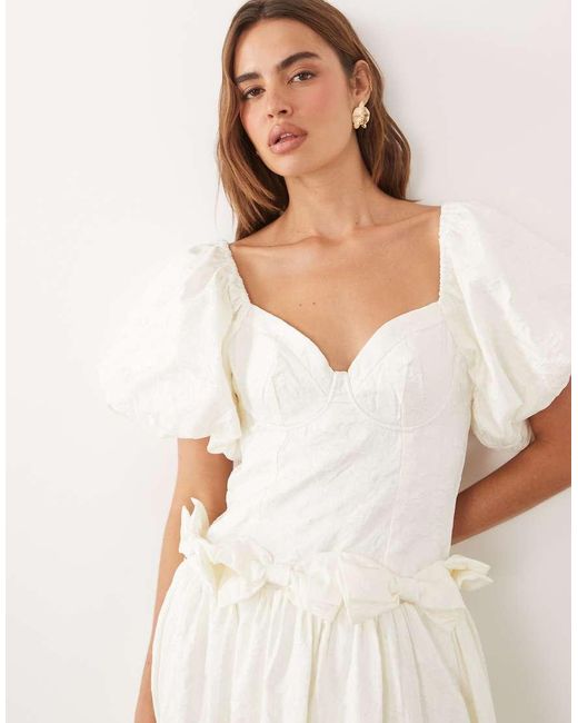 Sister Jane Natural Dream Mora Jacquard Sweetheart Neckline Puff Sleeve Bow Detail Maxi Dress