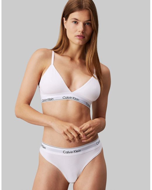 Calvin Klein White Modern Cotton Lightly Lined Triangle Logo Tape Bralette