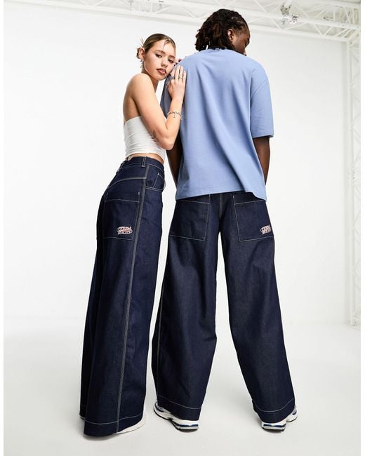 Collusion Blue X018 Unisex Y2k Wide Leg Skater Jeans With Branding