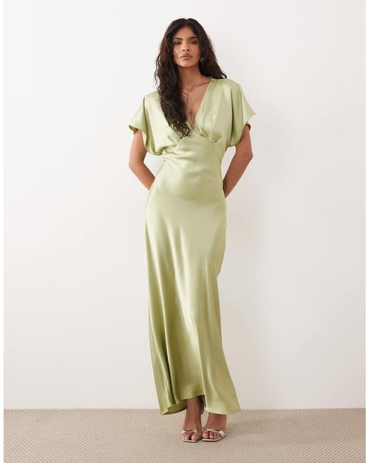 Gina Tricot Green Batwing Plunge Satin Maxi Dress