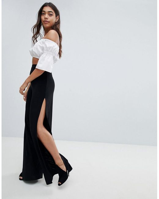 Fashionkilla Wide Leg Split Pants In Black