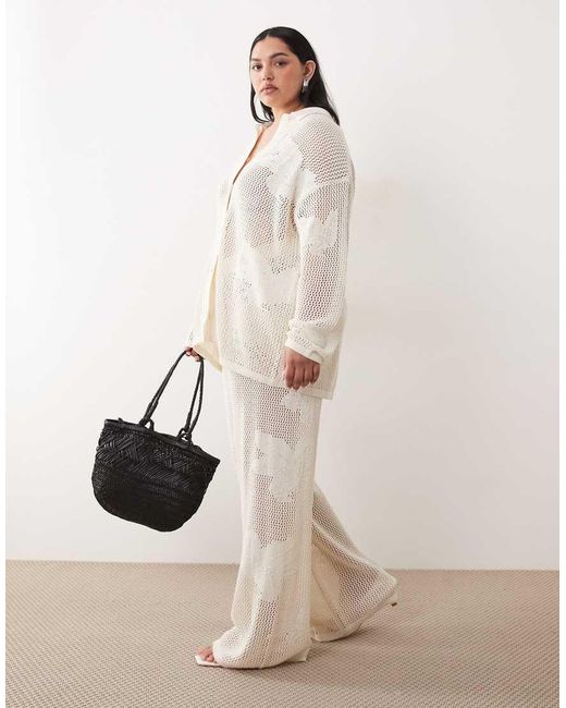 Pretty Lavish Curve Natural Open Knit Oversize Floral Trouser Co-Ord