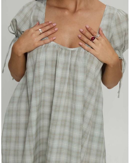 Princess Polly Metallic Embracing Puff Tie Sleeve Scoop Neck Lace Trim Babydoll Mini Dress