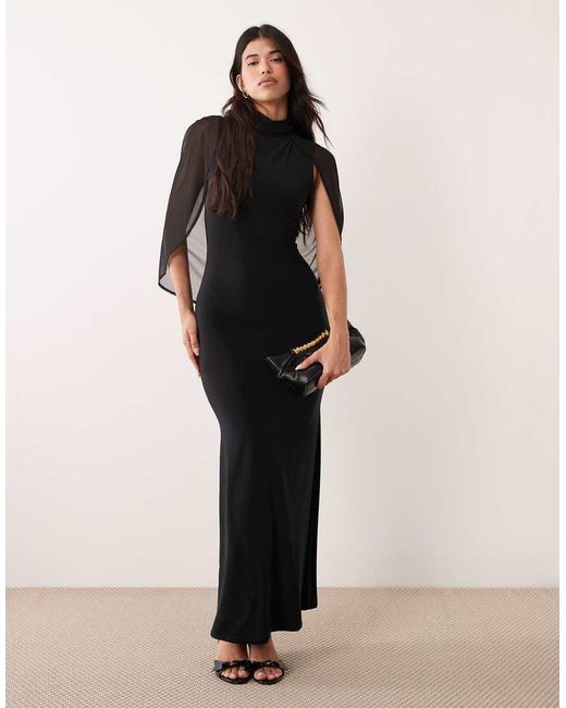 ASOS Black Soft Touch Cape Sleeve Detail Puddle Maxi Dress