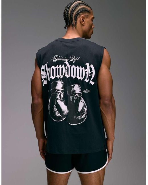 4505 Black Cotton Oversized Pump Training Tank With Boxing Graphic And Quick Dry Finish for men