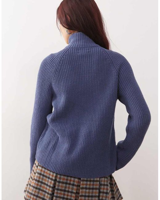 Monki Blue Ribbed Knitted Two Way Zip Cardigan
