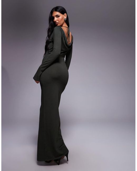 Kaiia Gray Exclusive Fine Knit Cowl Tie Back Long Sleeve Maxi Dress