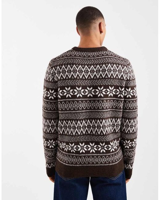 Threadbare Gray Fairisle Print Crew Neck Jumper for men