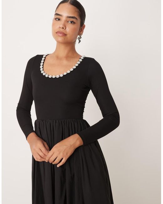 Sister Jane Black Embellished Scoop Ribbed Jersey Mix Midi Dress With Full Skirt
