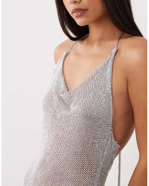 Kaiia Gray Exclusive Metallic Crochet Thigh Split Maxi Dress