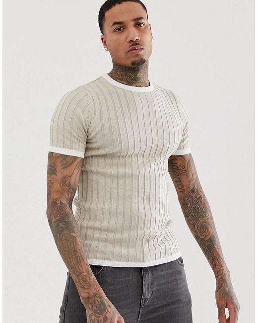 ASOS Knitted Muscle Fit Rib T-shirt in Natural for Men | Lyst