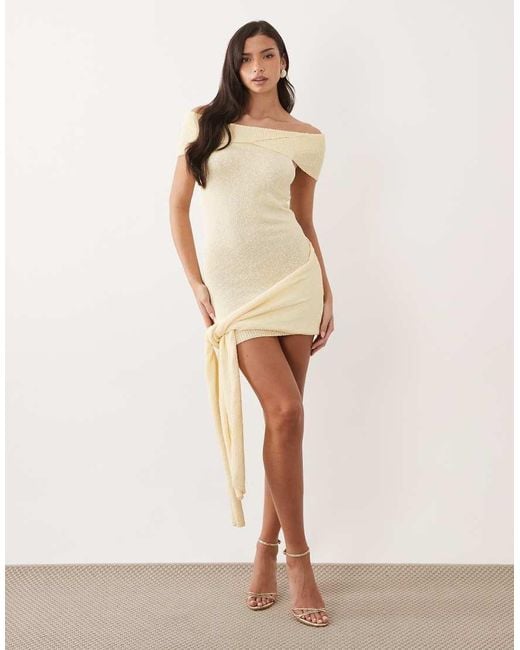 Aria Cove Natural Boucle Knit Twist Bardot Knot Drape Front Mini Dress