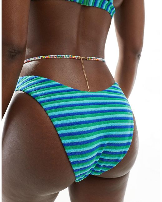 ASOS Blue – mix and match – hipster-bikinihose aus frottee mit blauen und grünen streifen und hohem beinausschnitt