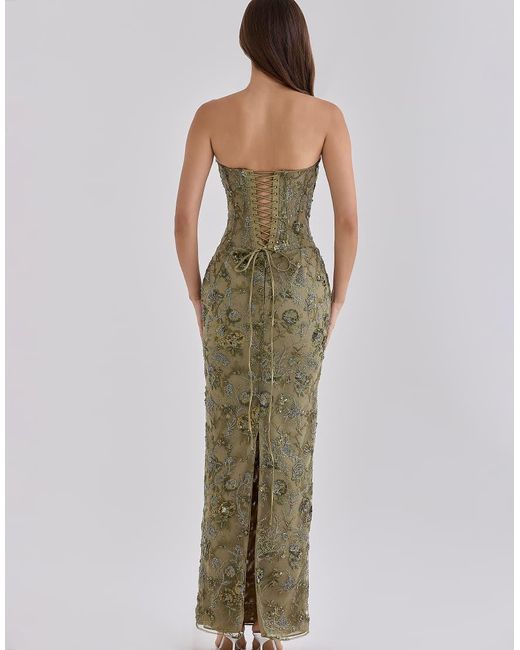 House Of Cb Green Anisa Hand Beaded Embellished Strapless Maxi Dress