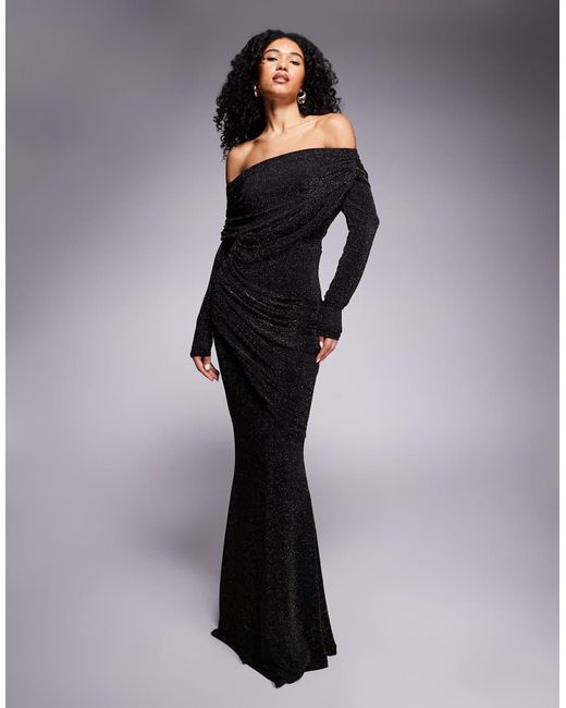 Goddiva Blue Off The Shoulder Gathered Panel Sparkle Maxi Dress