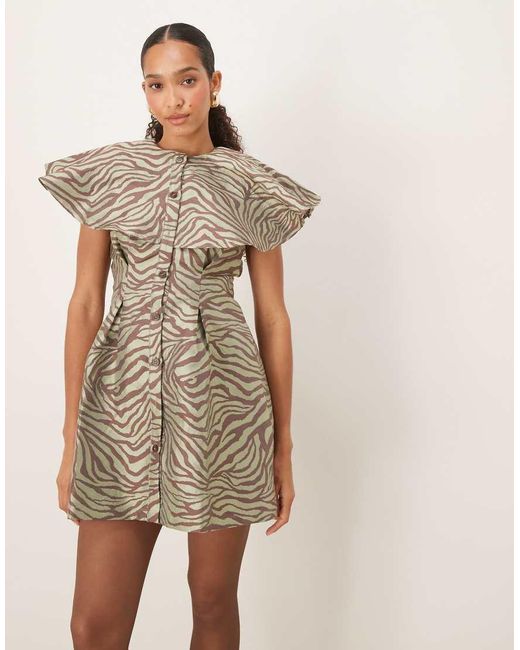 Ghospell Natural Jacquard Button Front Mini Dress