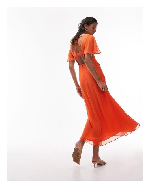 TOPSHOP Orange V Neck Angel Sleeve Midi Dress With Cut Out Back