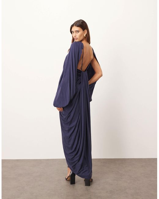 ARRANGE Blue Drape Midi Dress With Balloon Sleeve And Hardware Detail