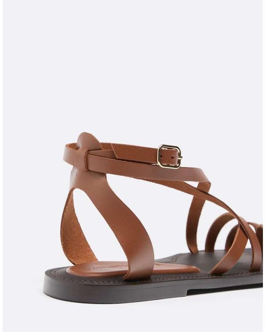 Stradivarius Brown Flat Leather Tie-up Sandals