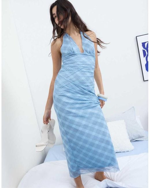 Stradivarius Blue Halter Neck Backless Midi Dress