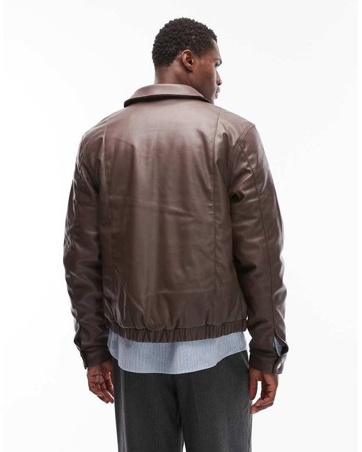 ASOS Brown Faux Leather Harrington Jacket for men
