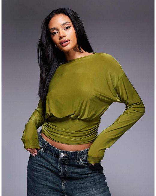 ASOS Green Slinky Asymmetric One Shoulder Long Sleeve Top With Cinch Waist Detail