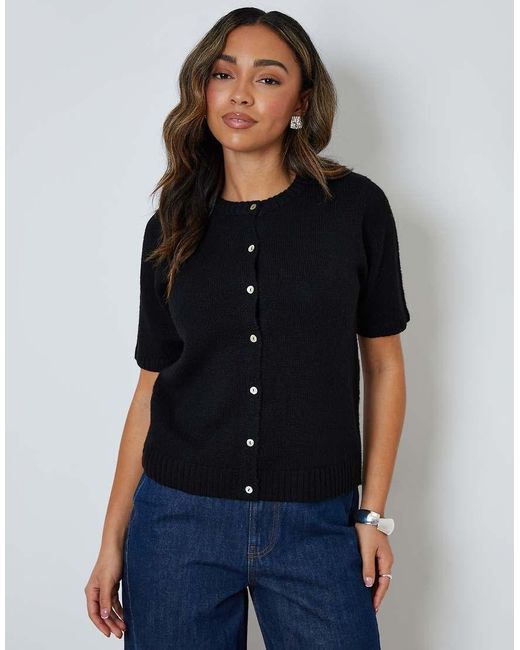 Threadbare Black Crew Neck Short Sleeve Knitted Cardigan