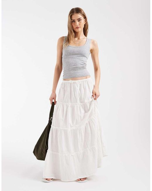 Pieces White Crinkle Cotton Tiered Boho Maxi Skirt