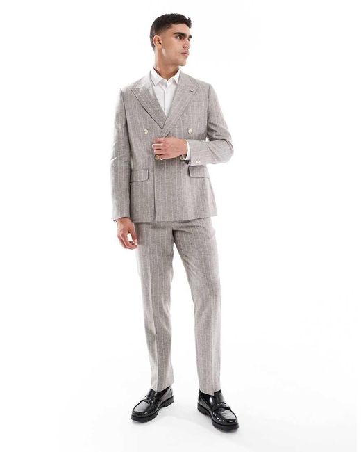 River Island Gray Double Breasted Slim Linen Suit Jacket for men