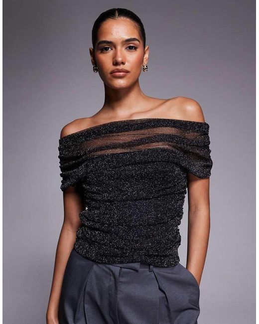 ASOS Gray Draped Shoulder Mesh Glitter Top With Ruching