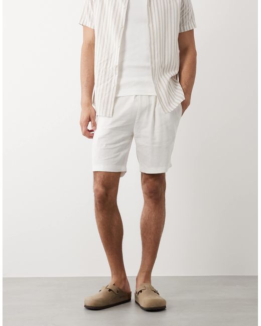 Threadbare White Linen Mix Drawstring Waist Shorts for men