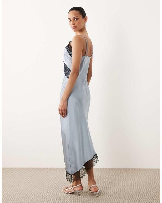 New Look Blue Asymmetric Contrast Lace Trim Midi Dress
