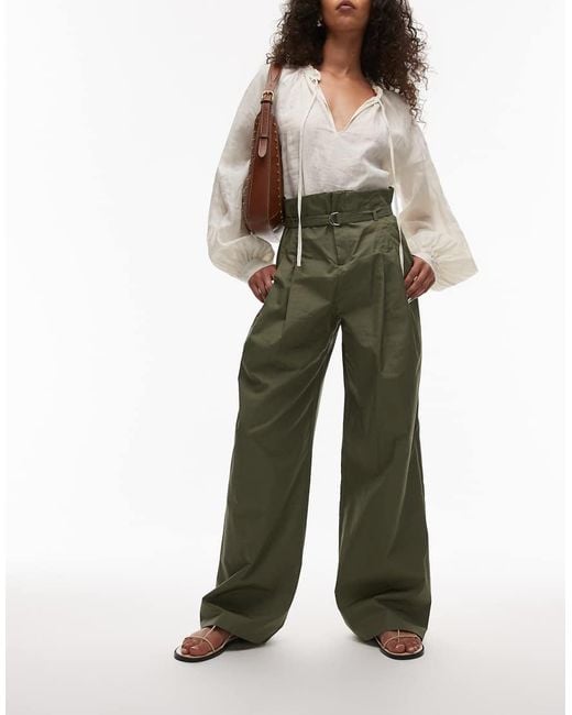 Mango Green Cotton Wide Leg Pleat Front Trouser With Belted Waist