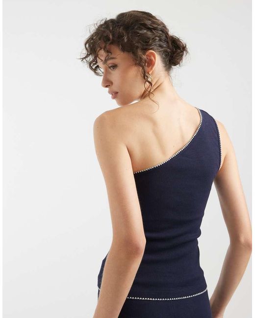 ASOS Blue Ribbed One Shoulder Vest With Blanket Stitch Detail
