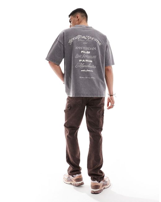 Good For Nothing Gray Oversized Washed T-shirt With Rib Chest Print for men