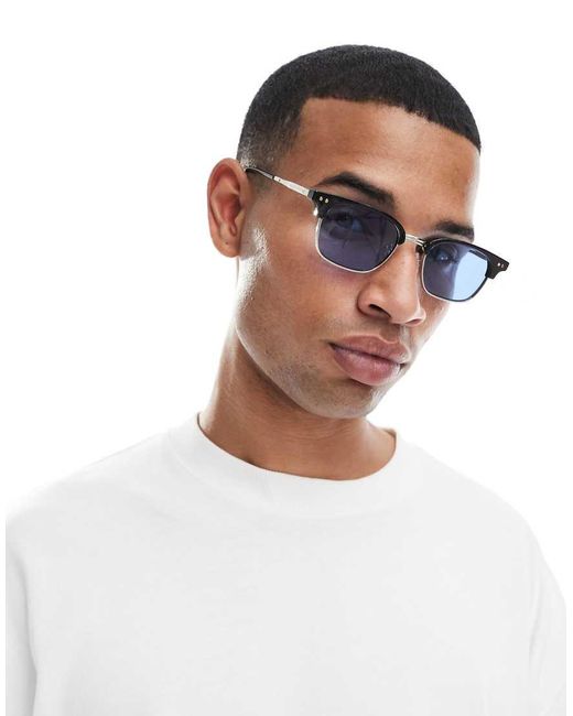 Gafas De Sol Negras Y Plateadas De Estilo Retro Con Lentes Azules De ASOS de hombre de color White