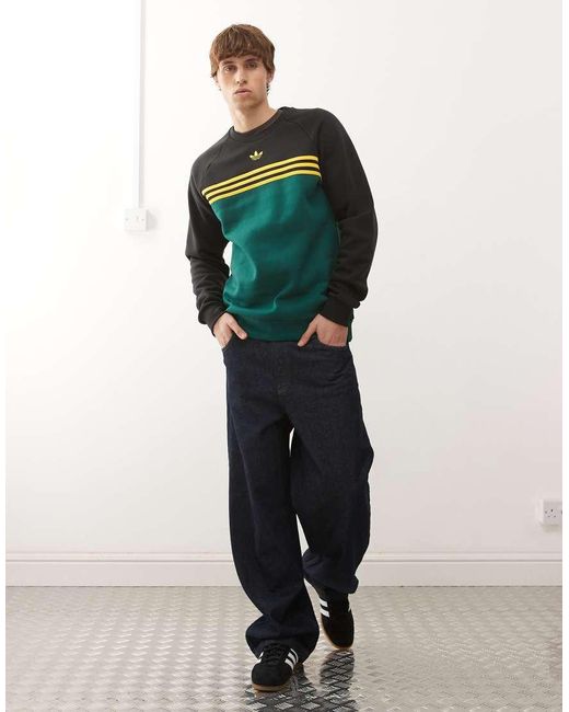 Adidas Originals Green Chest Stripes Crewneck Sweatshirt for men