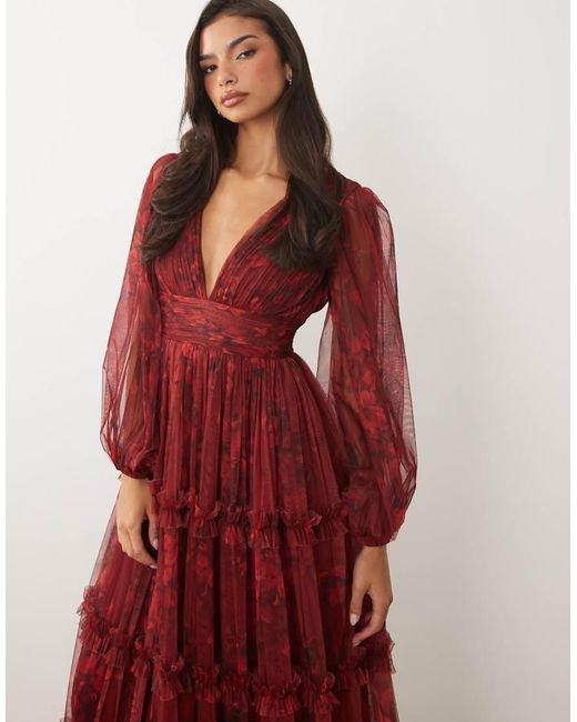 LACE & BEADS Tulle Sheer Balloon Sleeve Plunge Neck Tiered Maxi Dress