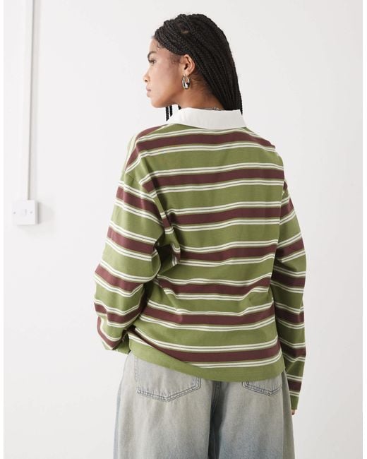 Reclaimed (vintage) Green – langärmliges, -braun gestreiftes rugby-poloshirt
