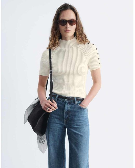 & Other Stories Blue Cotton-blend Short Sleeve Knitted Top With Shoulder Button Detail