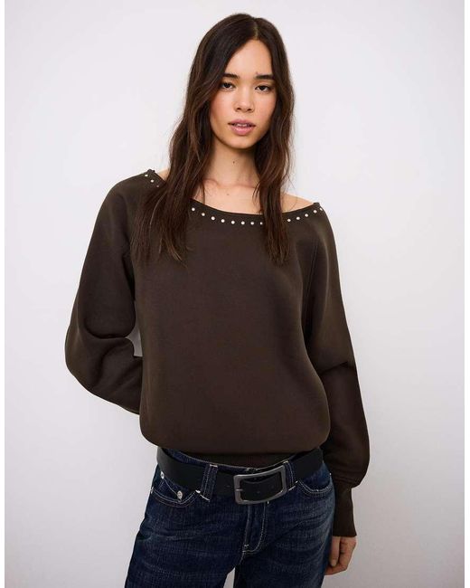 Bershka Brown Asymmetric Stud Sweatshirt