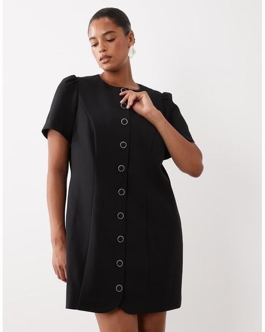 Forever New Black Structured Puff Sleeve Button Down Mini Dress