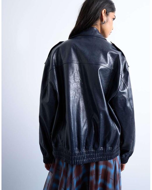 TOPSHOP Blue Faux Leather Washed Bomber Jacket
