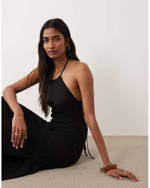 Miss Selfridge Black Linen Look Halter Maxi Dress