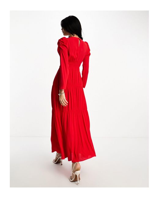 DASKA Red Puff Sleeve Structu Bodice Maxi Dress