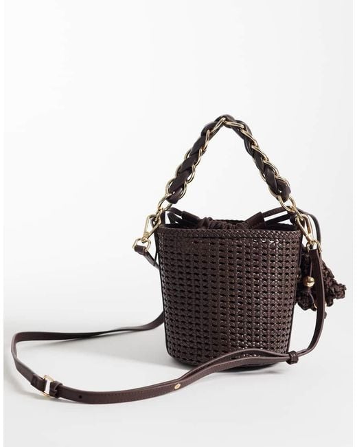 River Island Black Metal Handle Woven Bucket Bag