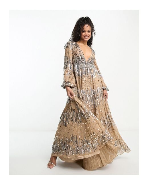 ASOS Natural Embellished Scatter Sequin Plunge Maxi Dress With Balloon Sleeve